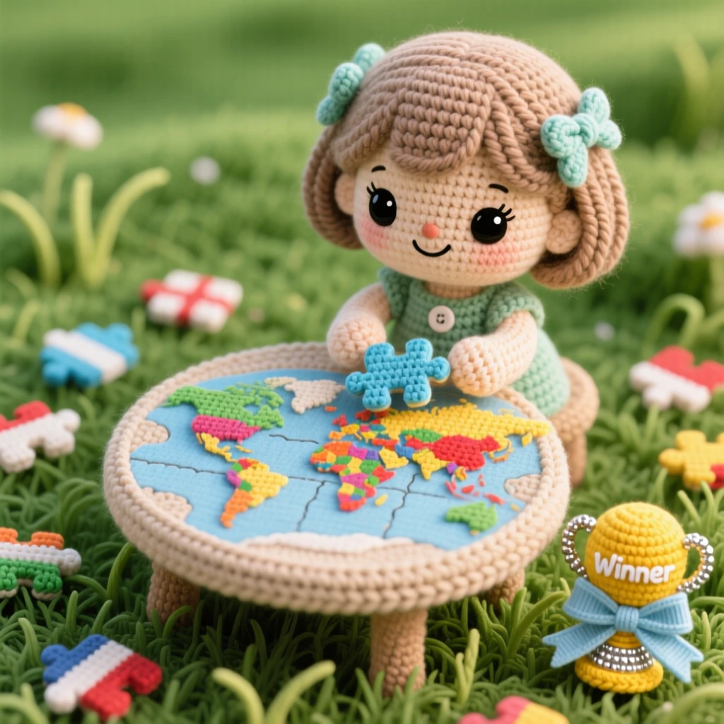 a little girl doing a puzzle of a map, with pieces spread across a table, placing the final country in place, in a grassy field perfect for outdoor play, with a small trophy or ribbon nearby, radiating cheerful curiosity and hands-on delight.