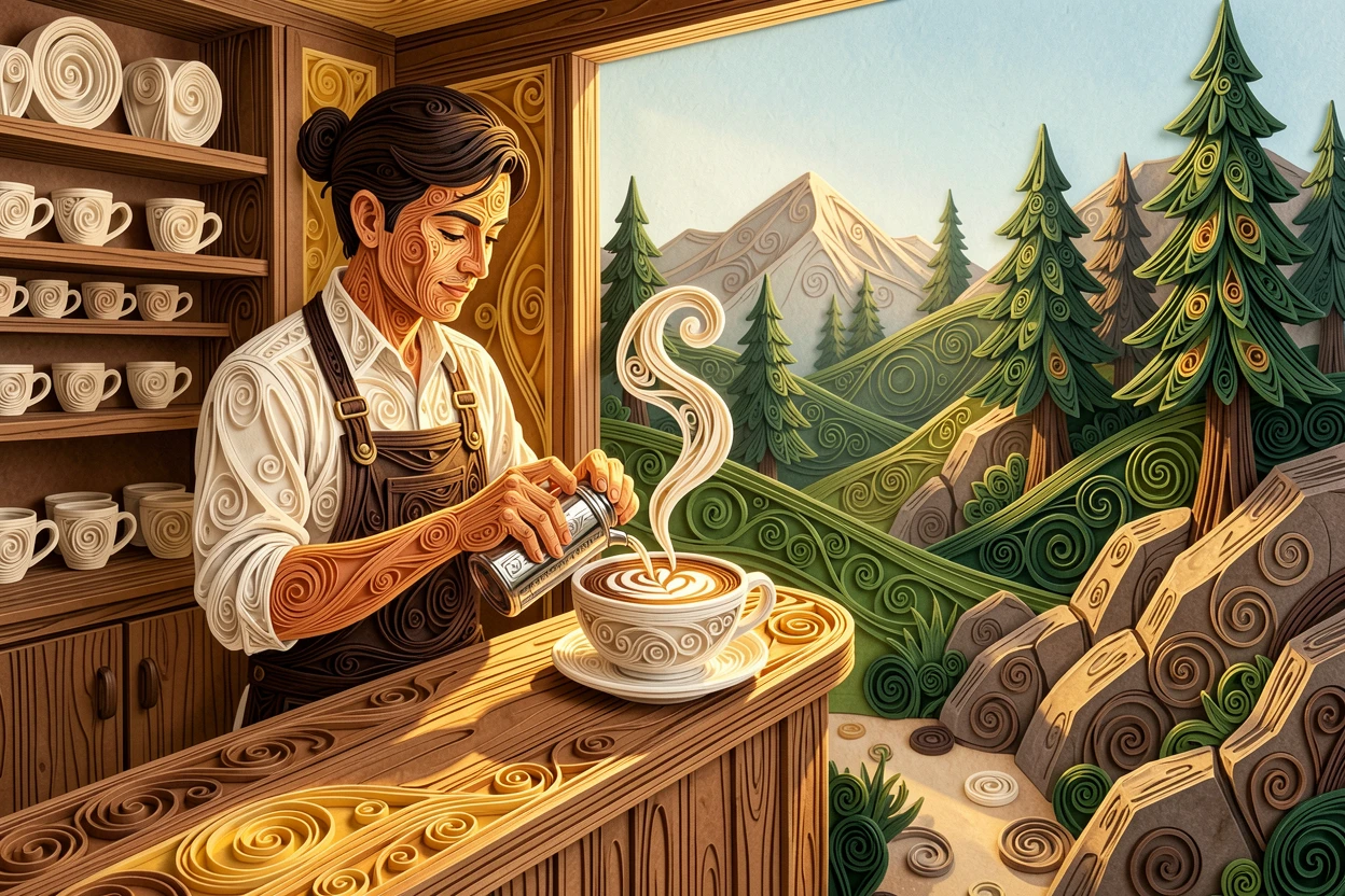a barista crafting latte art in a cozy café, along a scenic mountain hiking trail, composed with clean modern lines and open space, with soft golden afternoon light throughout.