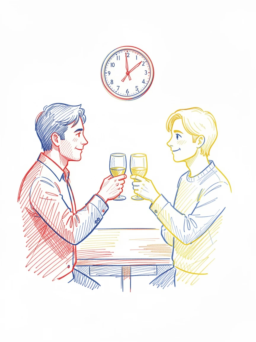 A quiet New Year's toast between friends as a clock strikes midnight