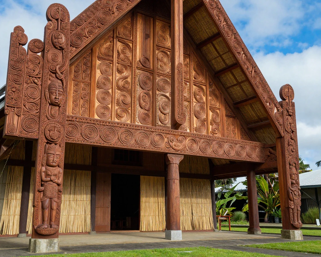 A Māori carved meeting house with intricate wood detail