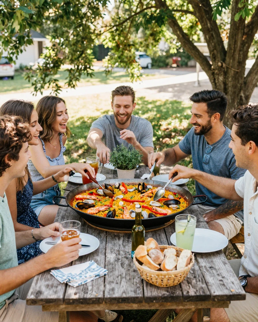 A group of friends shares a giant paella straight from the pan at an outdoor table.