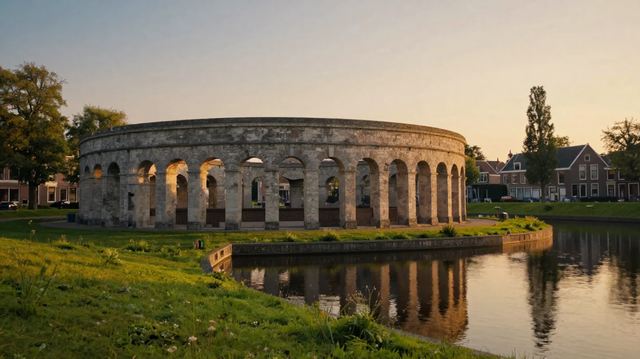 An ancient amphitheater bathed in warm light standing quietly along a quiet canal in the Netherlands
