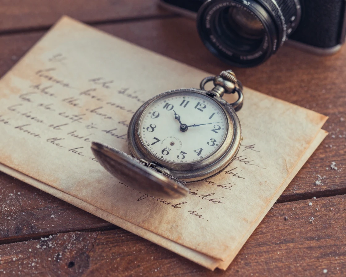 An old pocket watch resting beside a stack of handwritten letters, in warm morning light, with frost coating every surface, under the first snow of winter, in earthy terracotta and ochre shades, in a tight close-up.