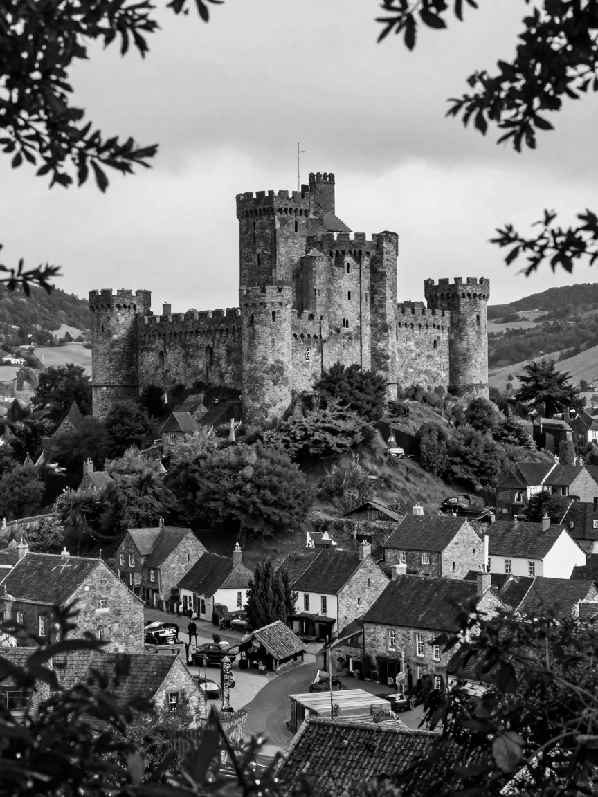 A historic castle stands guard over a hillside town above a small mountain village.