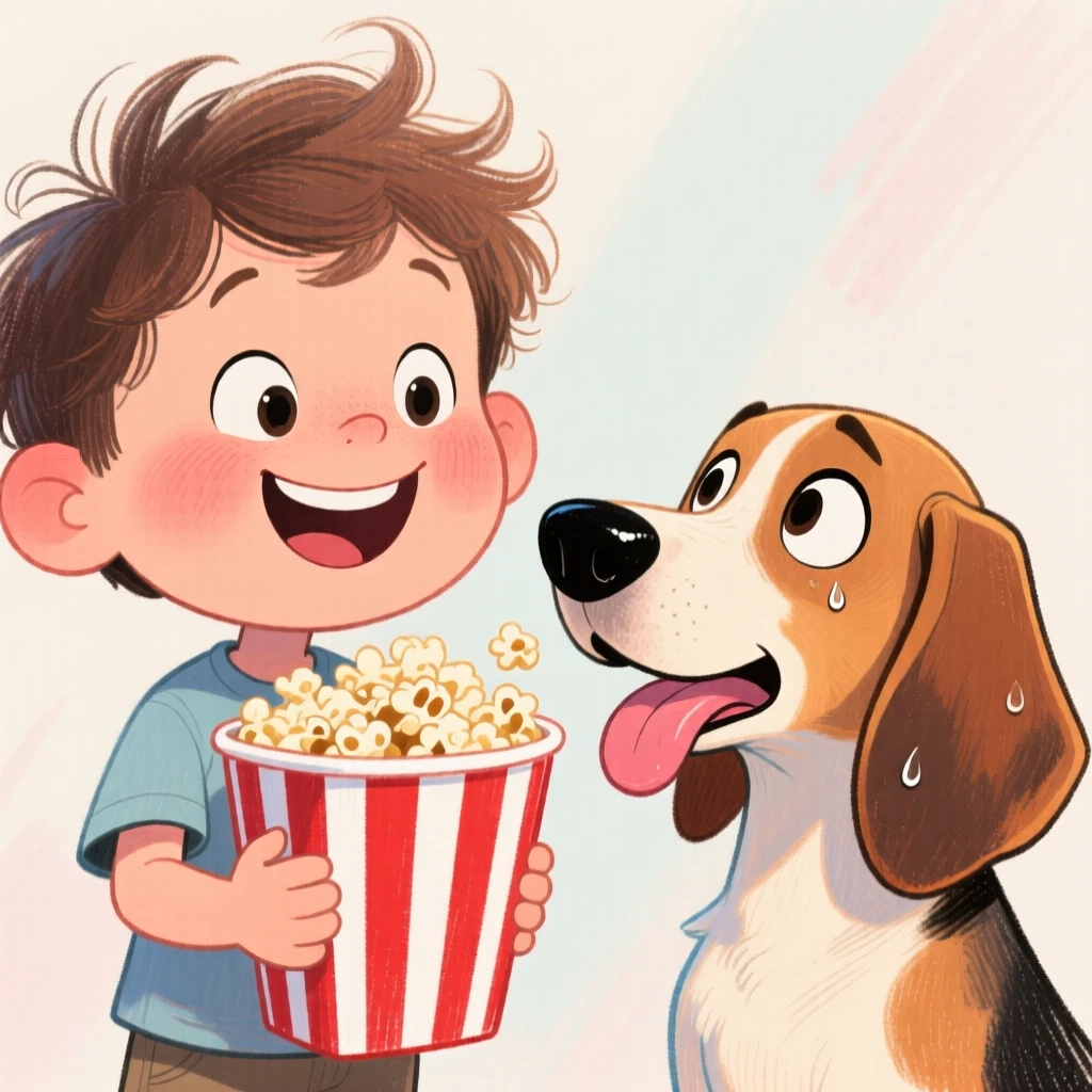 A little boy sharing his popcorn with an eager, food-motivated beagle.