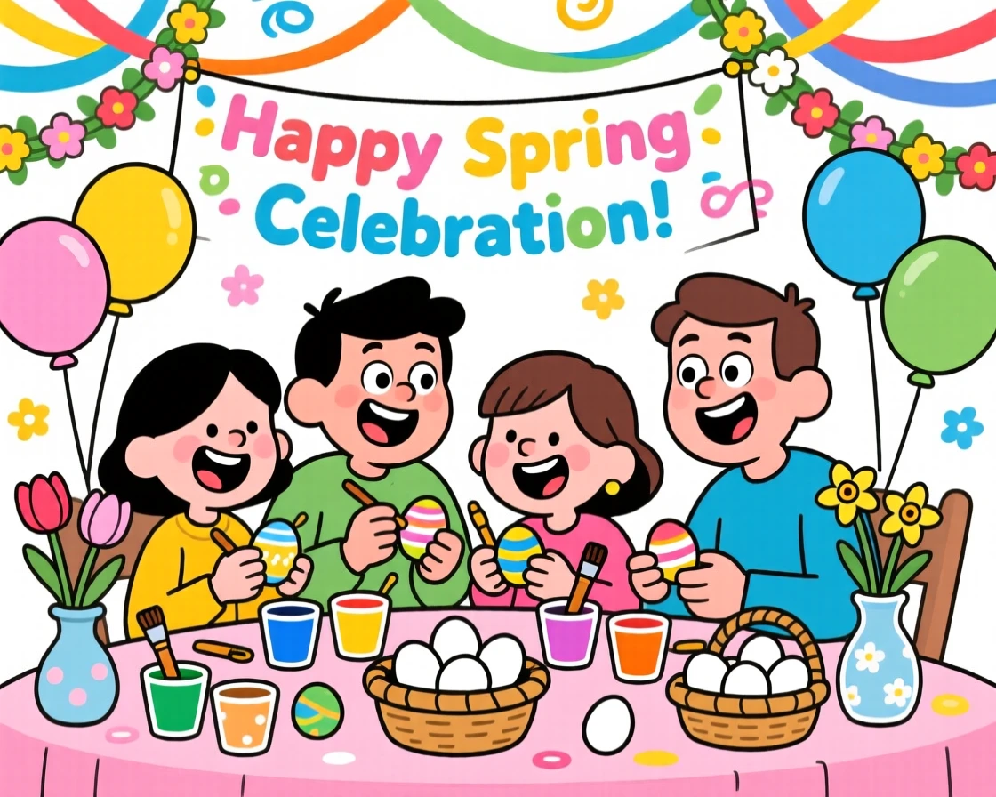 A festive celebration scene of a family decorating eggs together at a spring gathering, surrounded by colorful decorations and streamers.