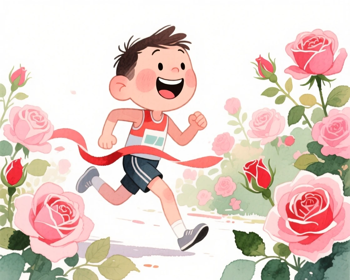 A marathon runner surrounded by blooming rose bushes