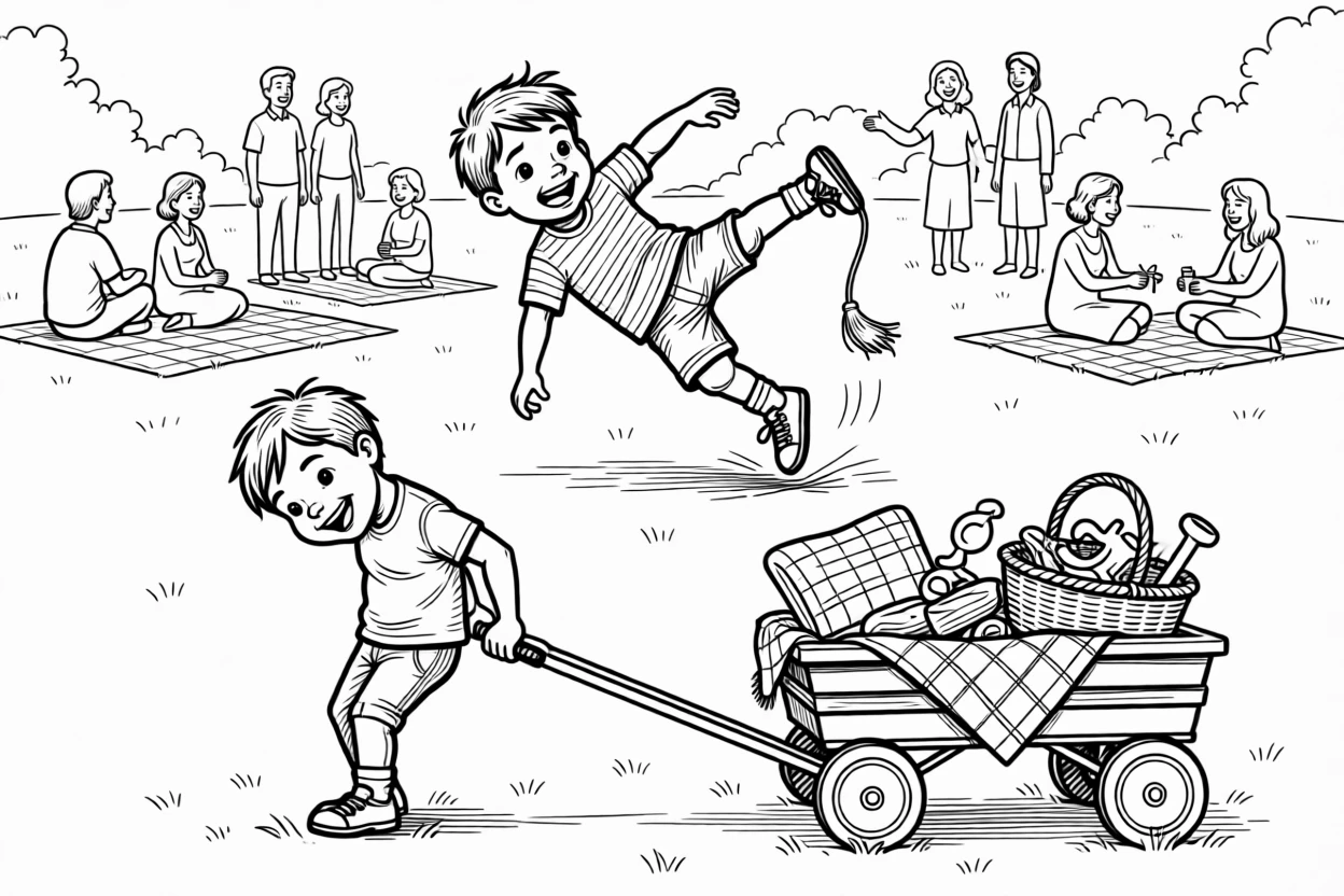 A kid mid-cartwheel that goes slightly sideways, straining against the overloaded wagon handle, set on a lawn during a family gathering. A shoelace trails untied and forgotten. It feels like a cherished memory frozen in time.