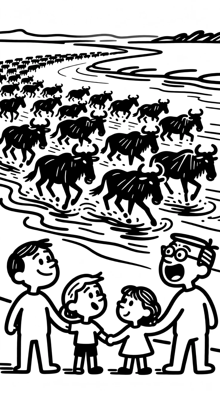 A family watching a massive herd of wildebeest cross a river during migration season.