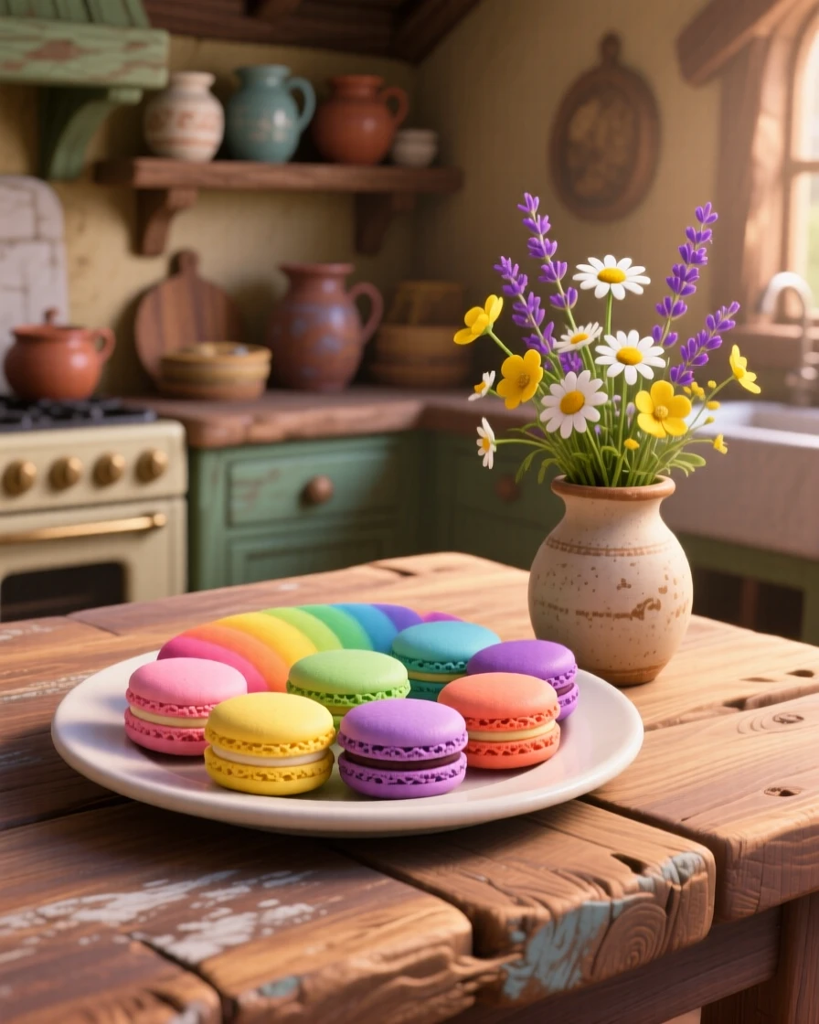 A rainbow of macarons arranged on a plate sits on a rustic wooden farmhouse table, with a small vase of wildflowers nearby. A cheerful, mouthwatering warmth surrounds the dish.