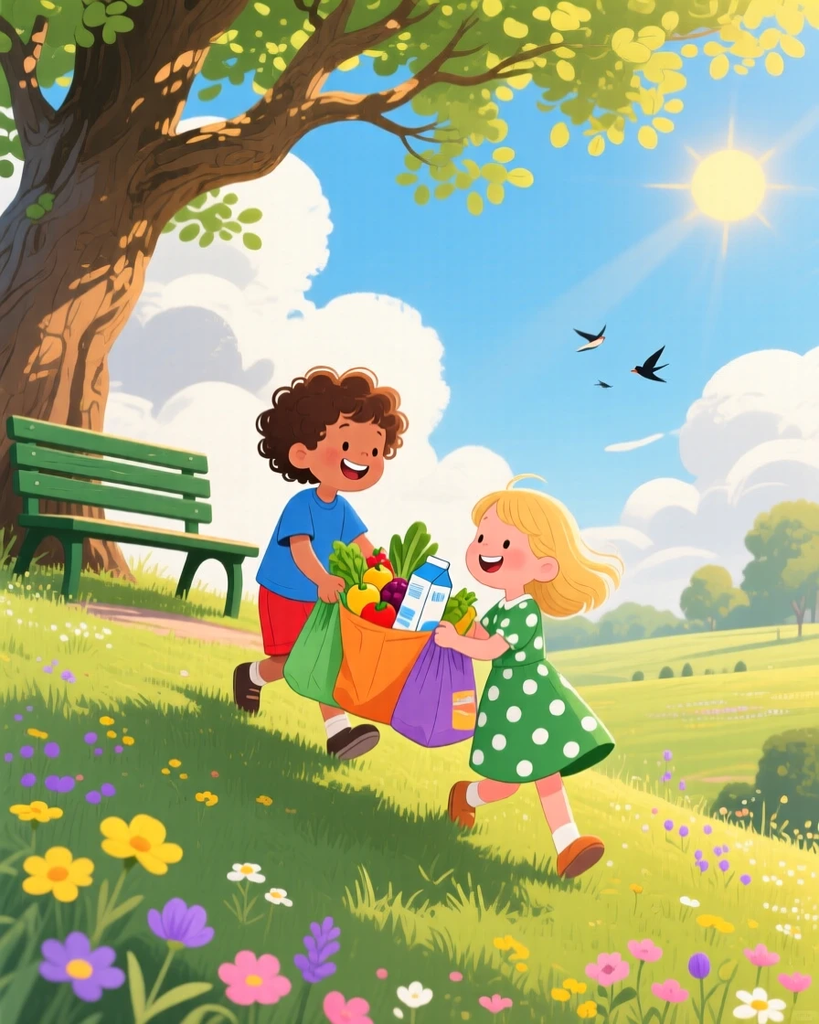Two children from different backgrounds are seen helping carry groceries up a steep hill in a park bench under an old oak tree, while the sun breaks through the clouds.