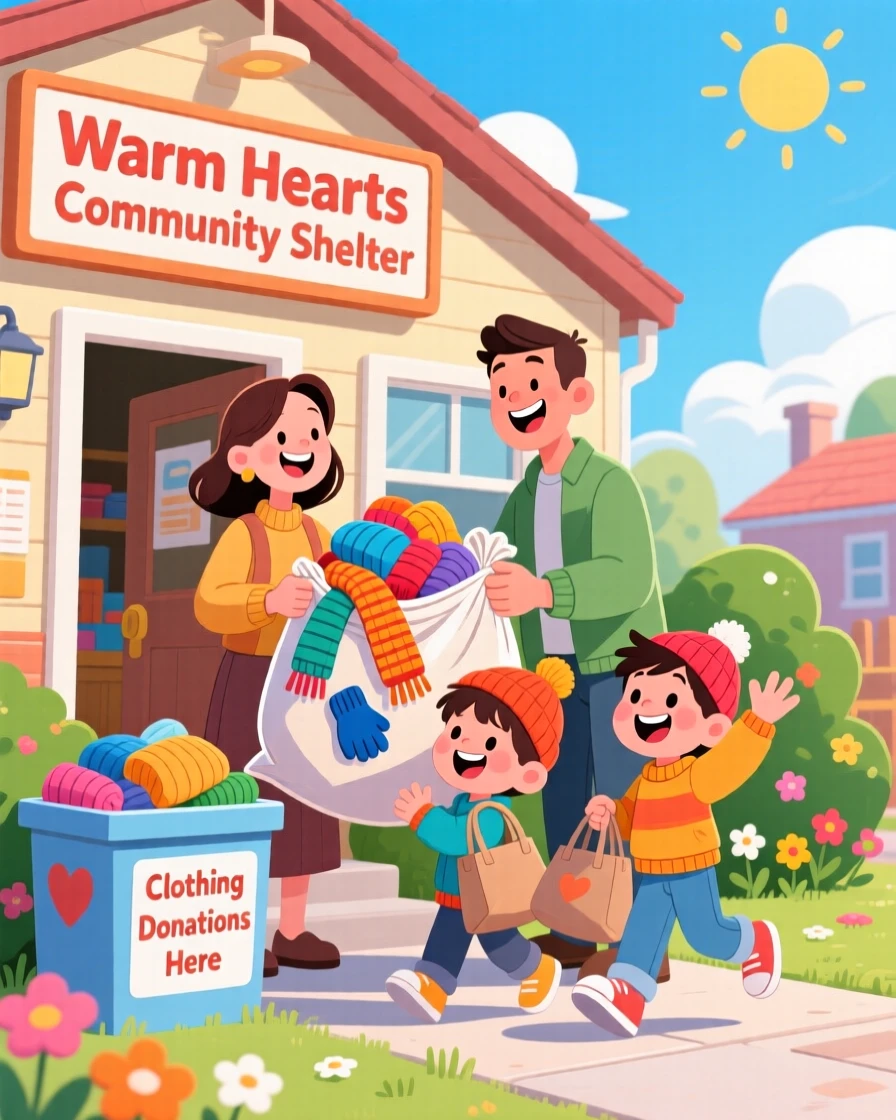 A family donating bags of warm clothes to a community shelter.