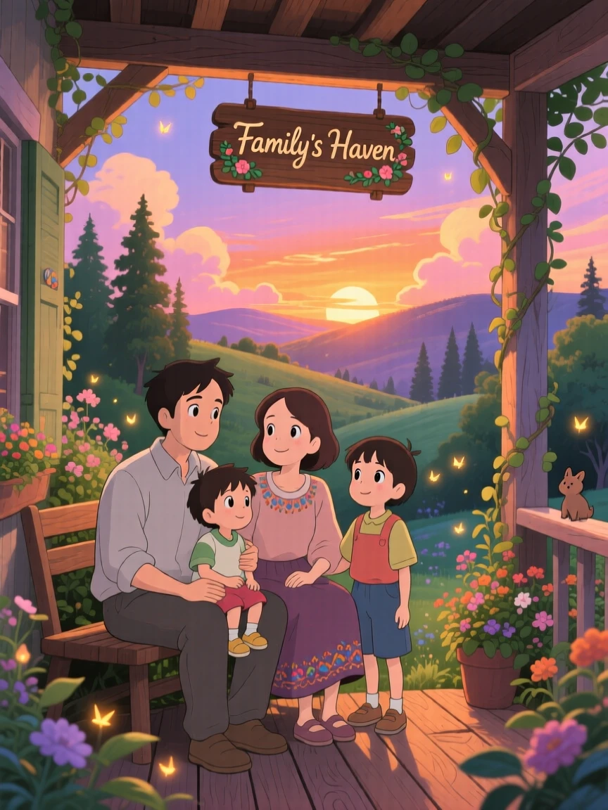 A family gathered on the porch watching the sunset, the scene glowing with togetherness.