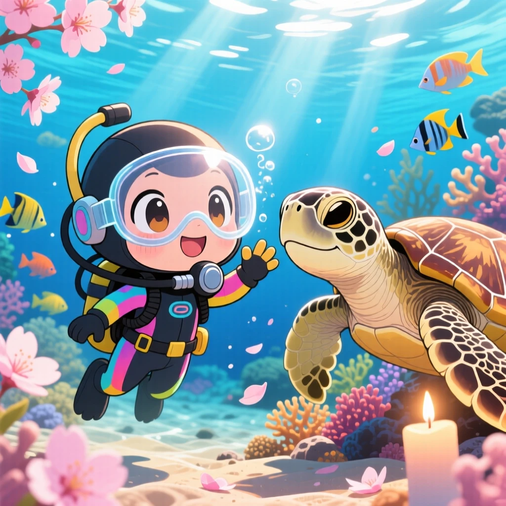 Close-up portrait of a small diver, waving at a friendly sea turtle, in a sunlit tropical seabed, as cherry blossom petals drift on the breeze, illuminated by gentle candlelight, radiating proud determination.
