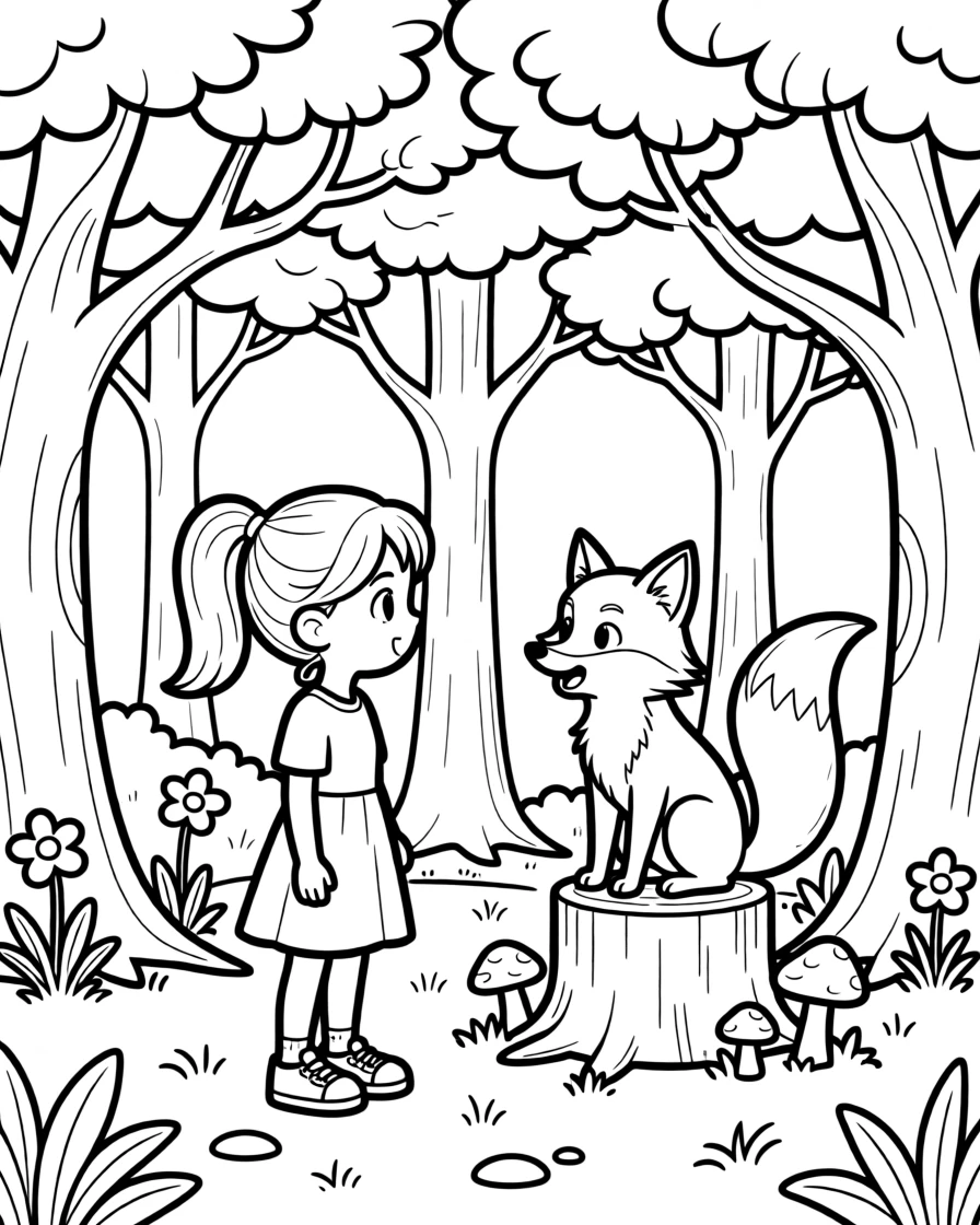A young girl discovering a talking animal in an enchanted forest