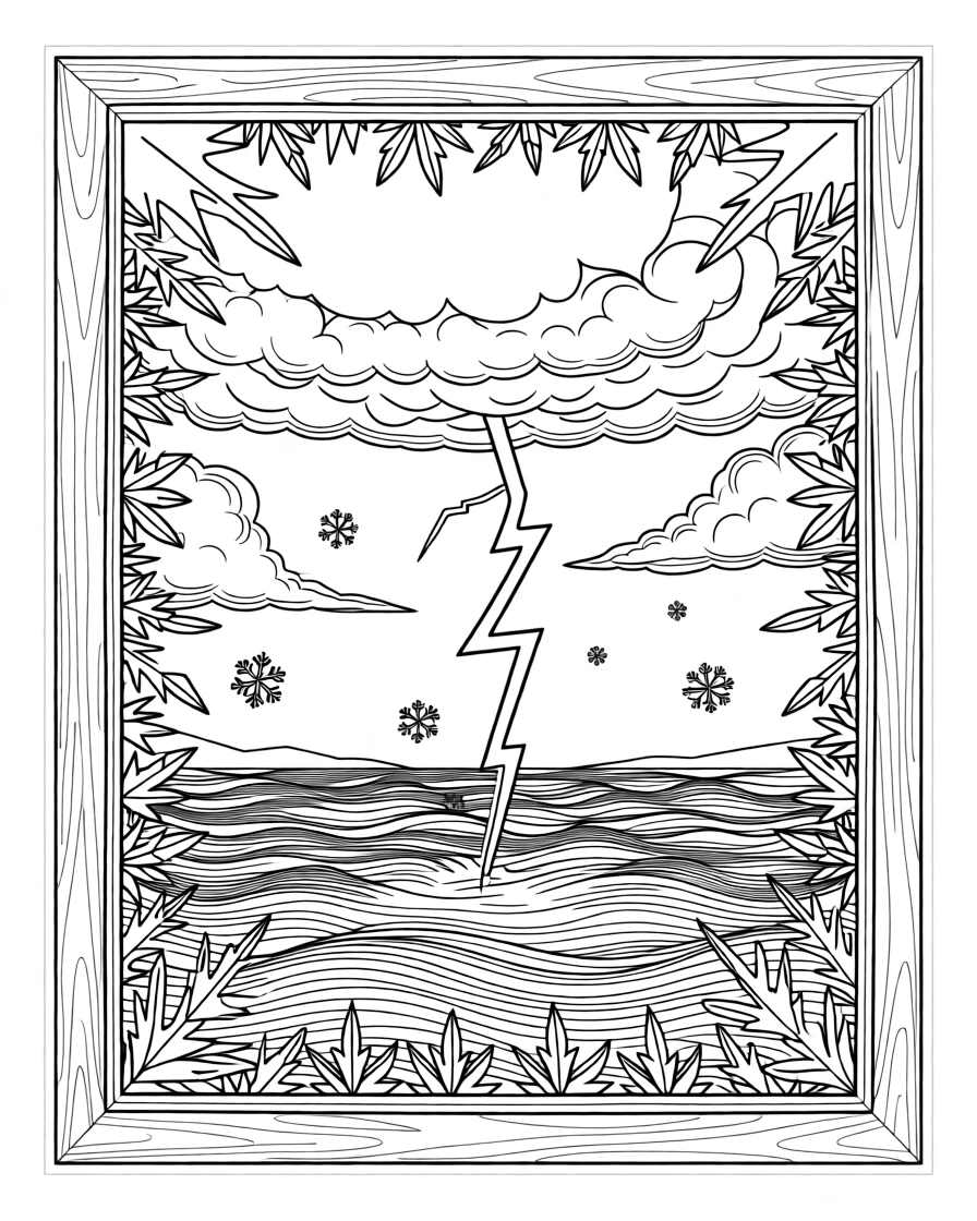 A frost-covered window with a view of falling snow, a bolt of lightning splitting a stormy sky above the ocean.