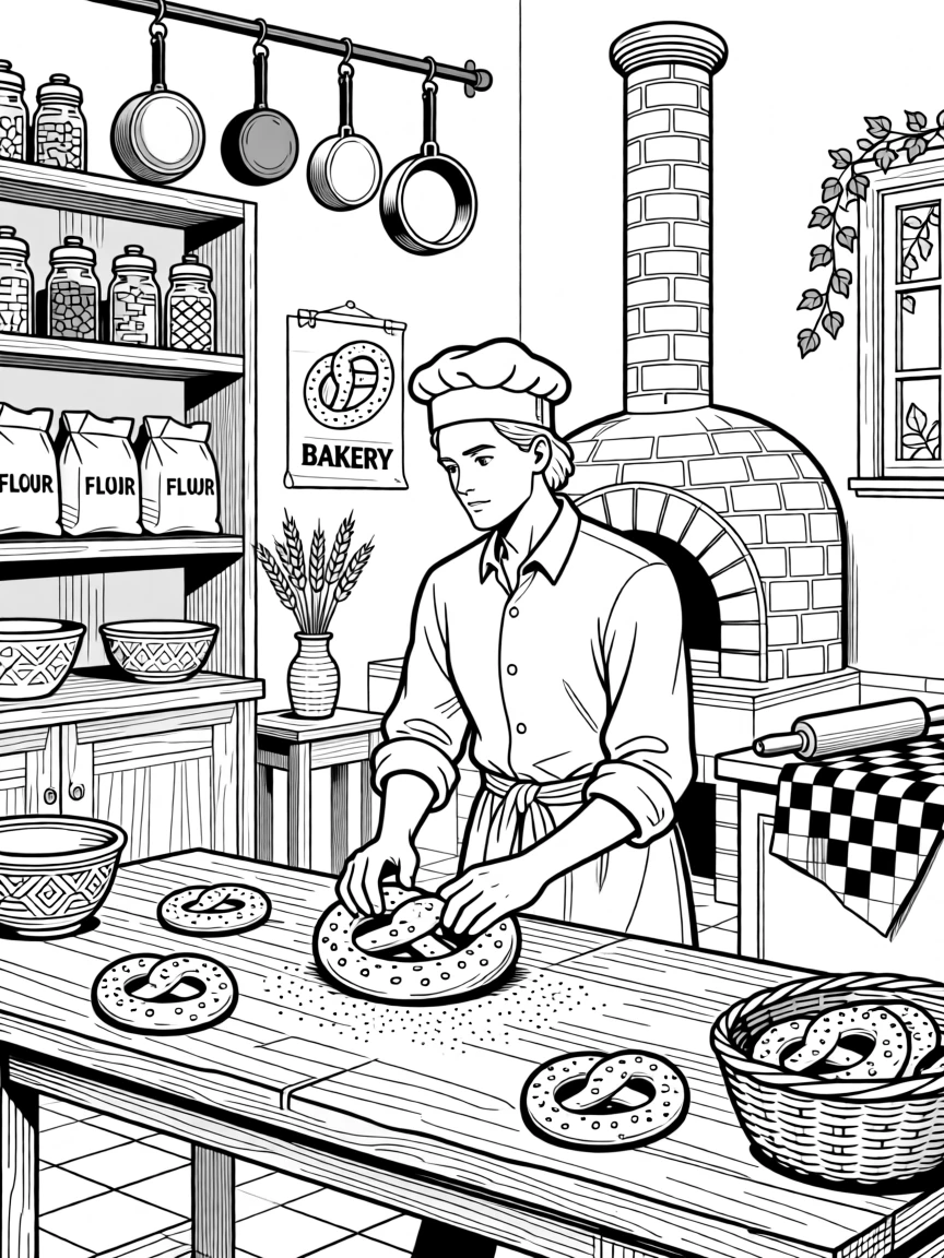 A rustic pretzel-twisting scene in a traditional bakery kitchen.