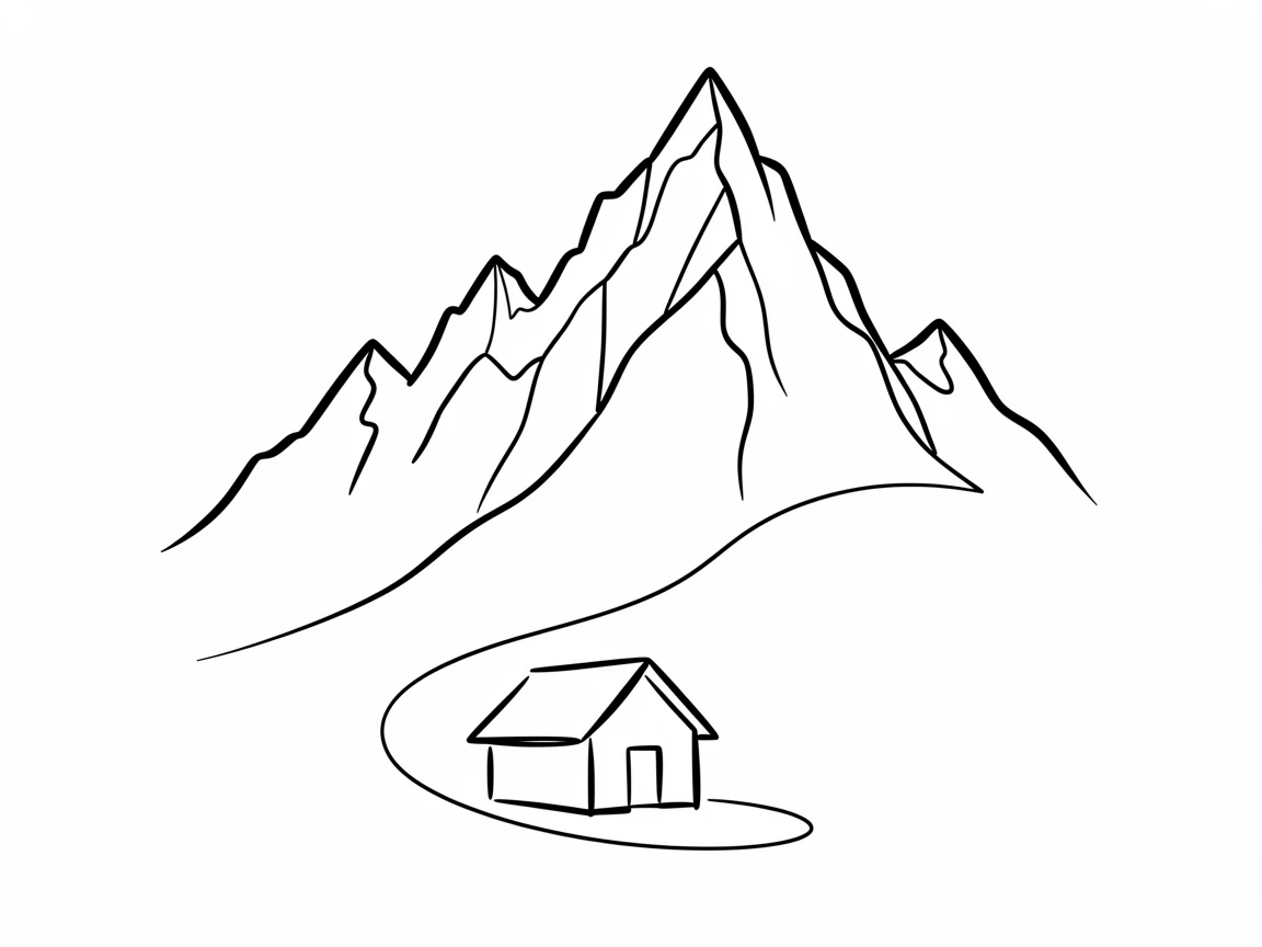 A remote mountain hut nestled below a jagged rocky summit
