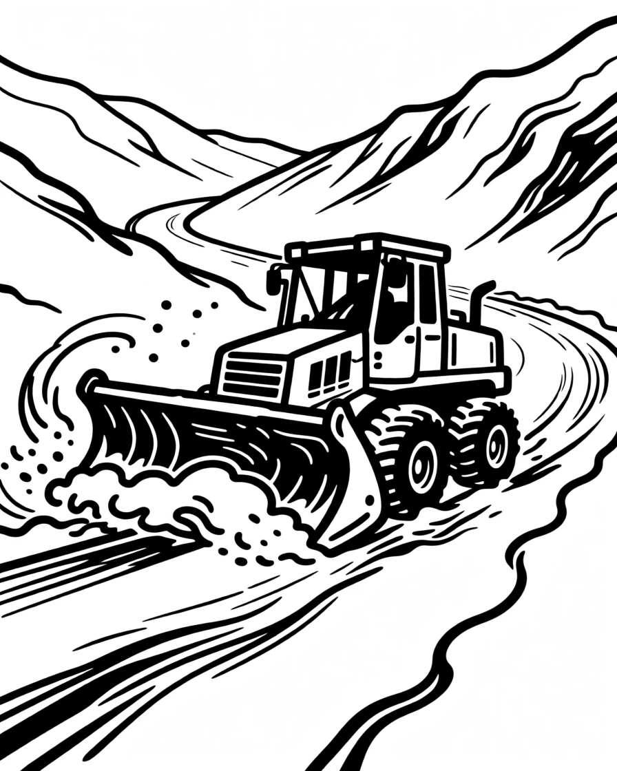 A rugged snowplow clearing a mountain road after a fresh snowfall.