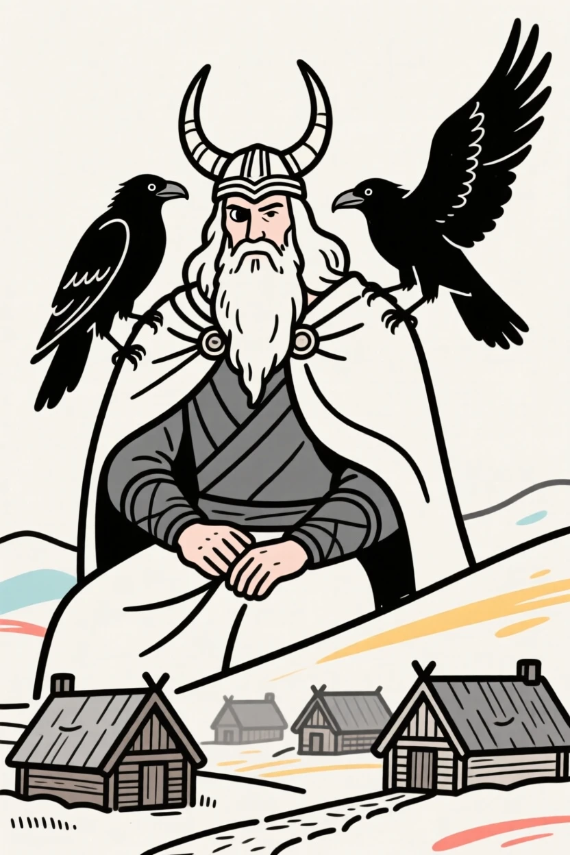 Odin accompanied by his two ravens overlooking a Norse village.