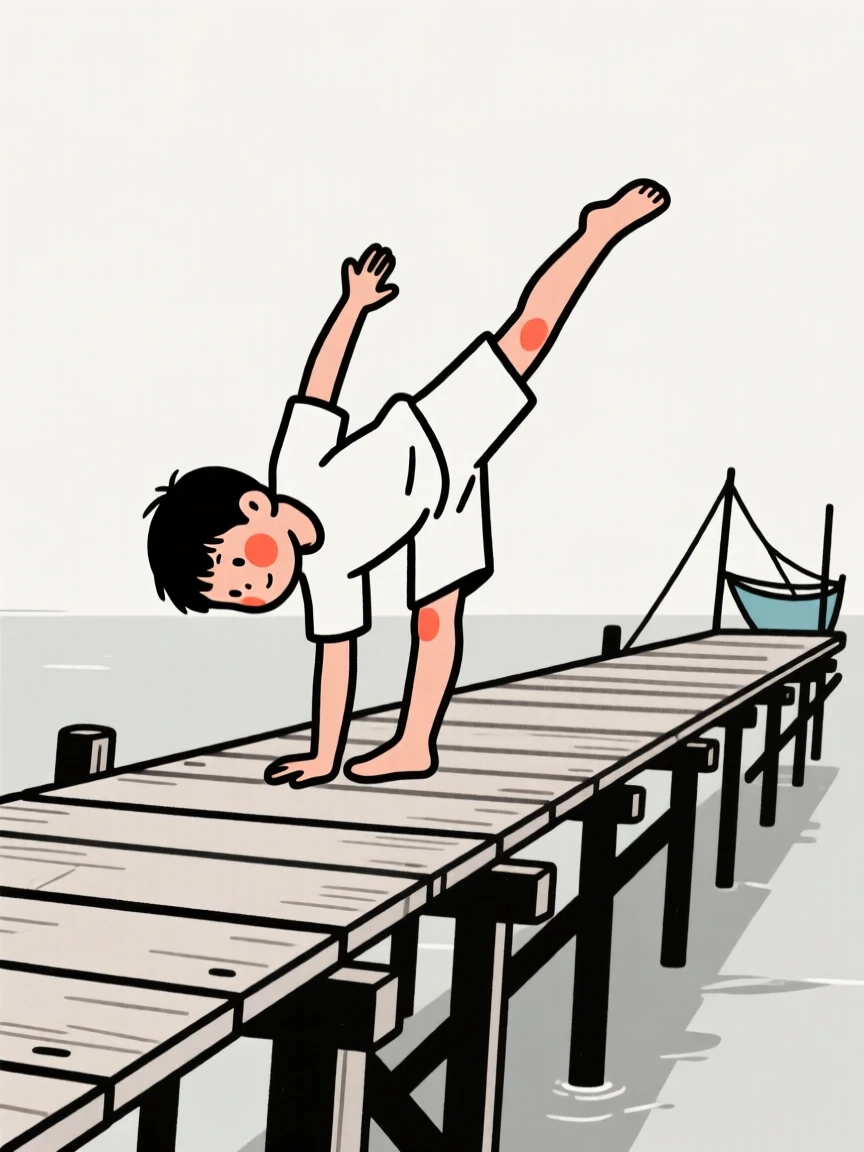 A young boy of Filipino heritage practicing a cartwheel on the lawn, on a wooden fishing pier.