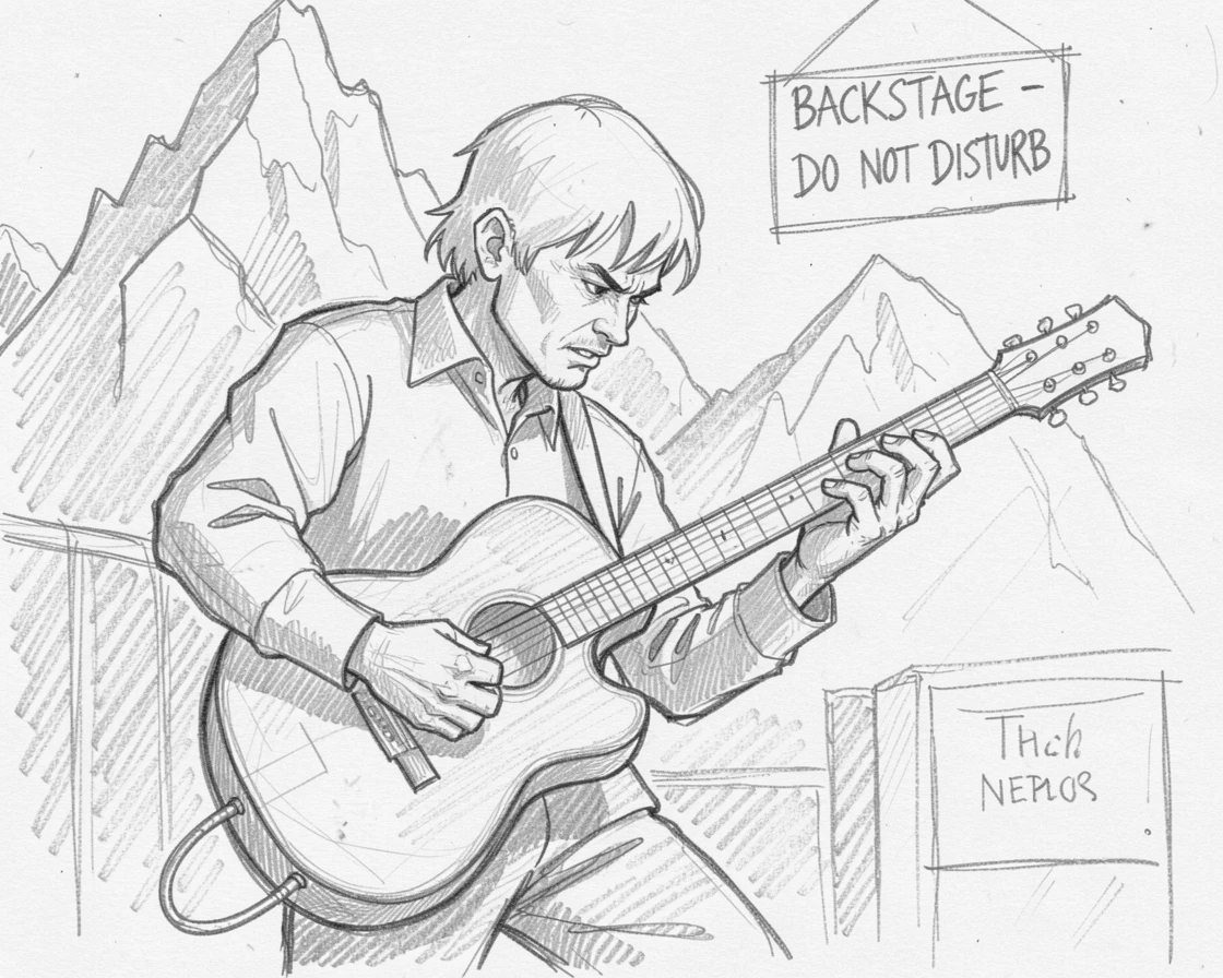 A dynamic action shot of a musician tuning a guitar backstage against a dramatic mountain backdrop, with intense focus and determination.