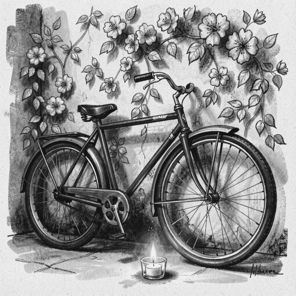 A vintage bicycle leaning against a flower-covered wall, as soft candlelight flickers nearby.