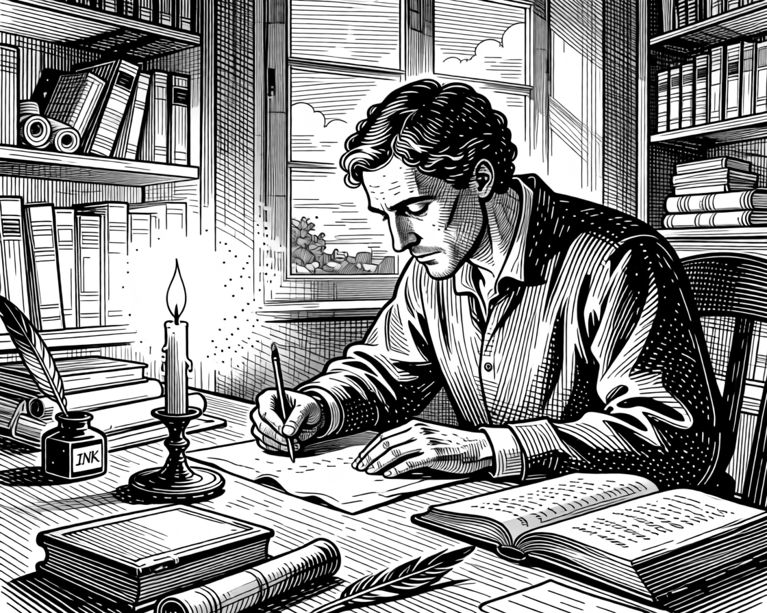 A scholar writing by candlelight in an old study beneath a sky glowing with the colors of dusk, with dust rising softly from the ground, portrayed in a timeless and reverent historical scene.