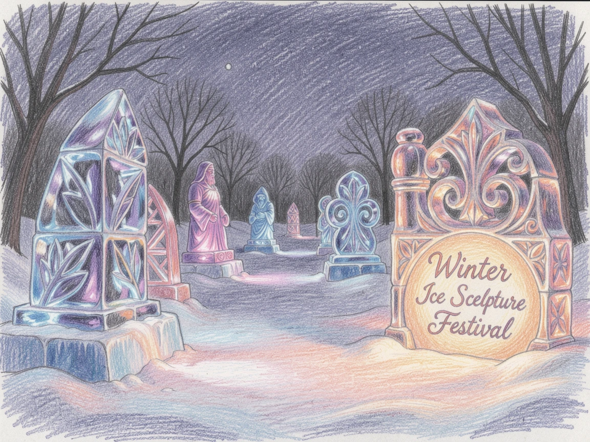 A winter ice sculpture festival glowing under colorful lights, captured in a quiet, intimate moment full of atmosphere, evoking warmth, beauty, and a lasting sense of wonder.