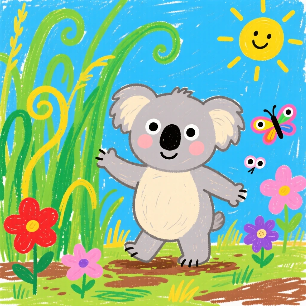 A plump koala joey exploring tall grass for the first time.