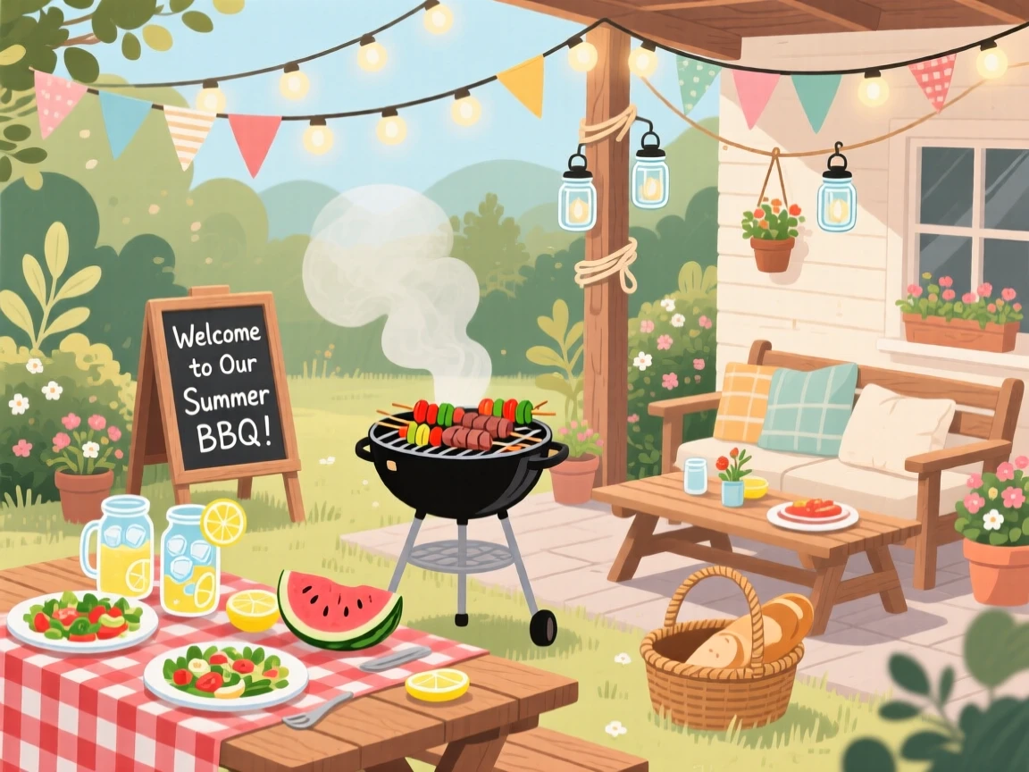 A cheerful summer barbecue with string lights strung overhead, set within a cozy, seasonally decorated space, arranged with a nostalgic, seasonal storybook quality, with a fresh, crisp atmosphere throughout.