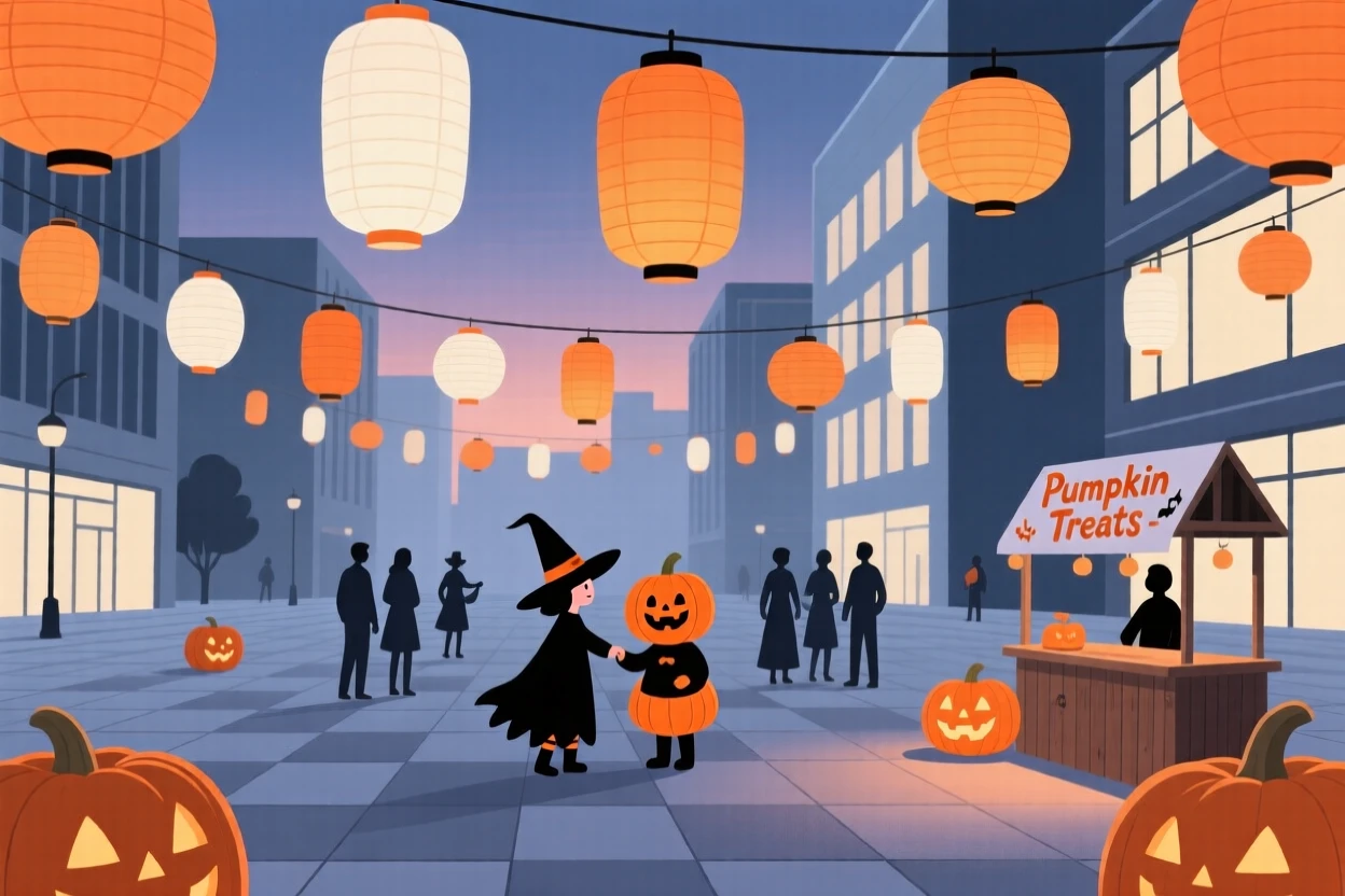 A Halloween celebration with paper lanterns filling a city plaza.