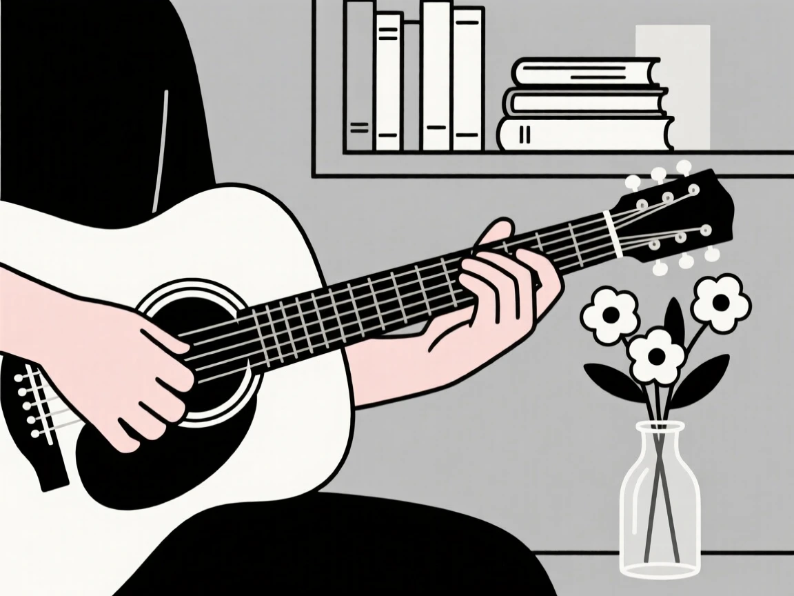 A close view of hands playing an acoustic guitar near fresh cut flowers in a small home library, full of focused calm.