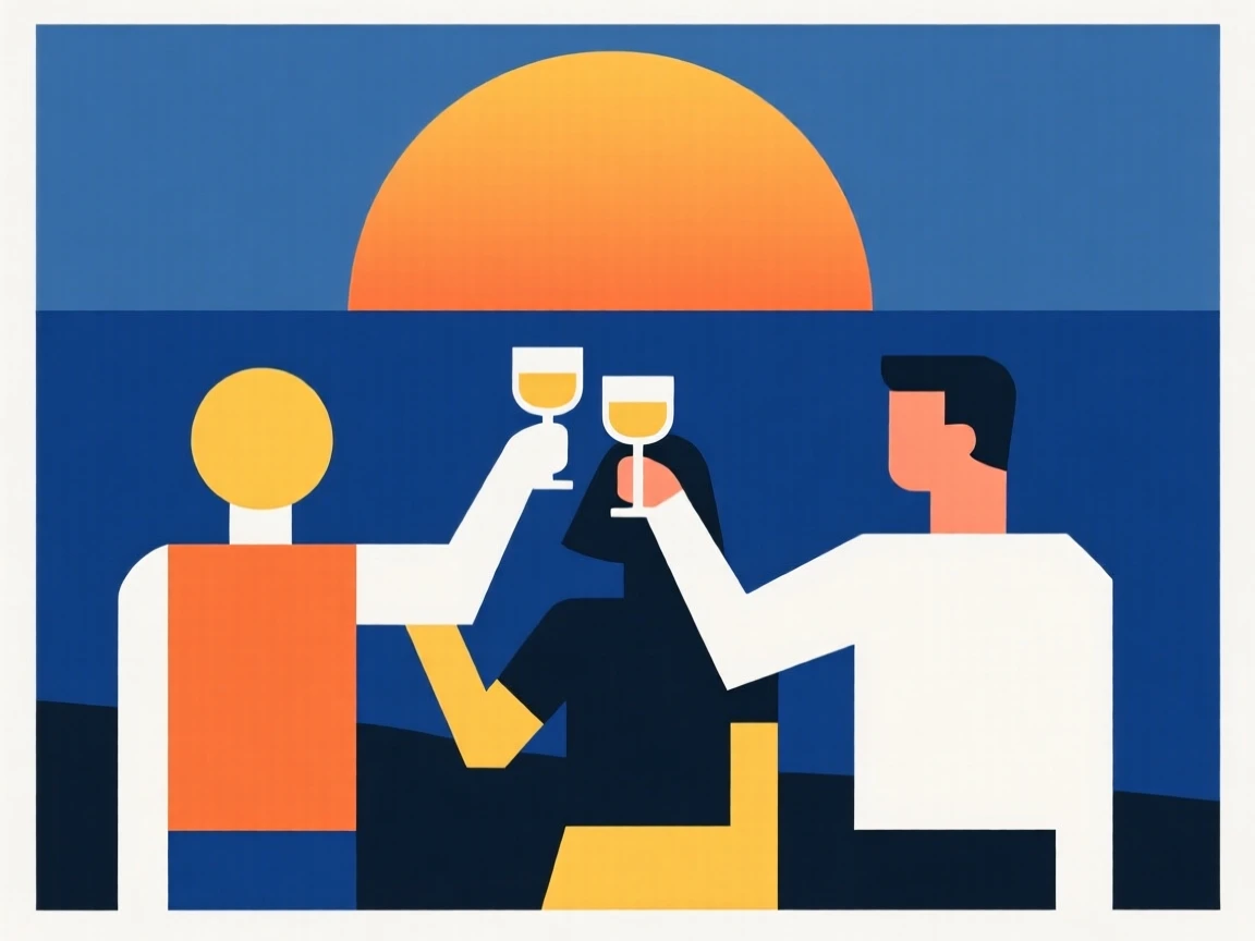 A group of friends celebrating with a toast at sunset