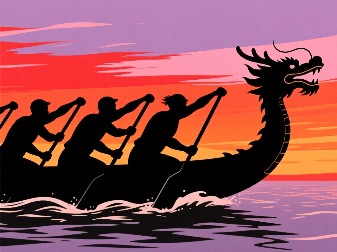 A traditional dragon boat racing team paddling in perfect unison.