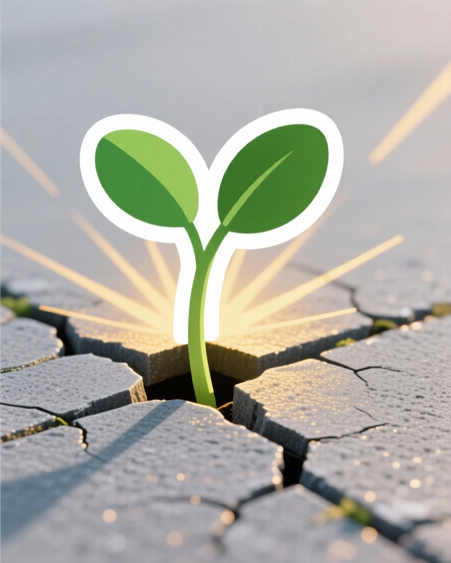A hopeful and bright scene of a small sprout growing through a crack in the pavement, bathed in warm golden light, marking the start of something meaningful.