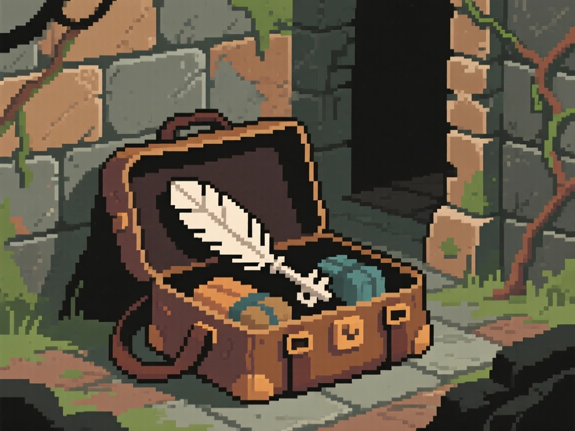 A key shaped like a feather tucked inside an adventurer's travel bag, inside a forgotten temple chamber.