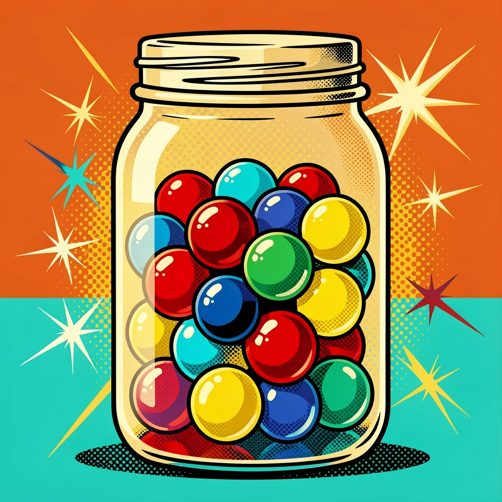 A jar of glass marbles catching the afternoon light