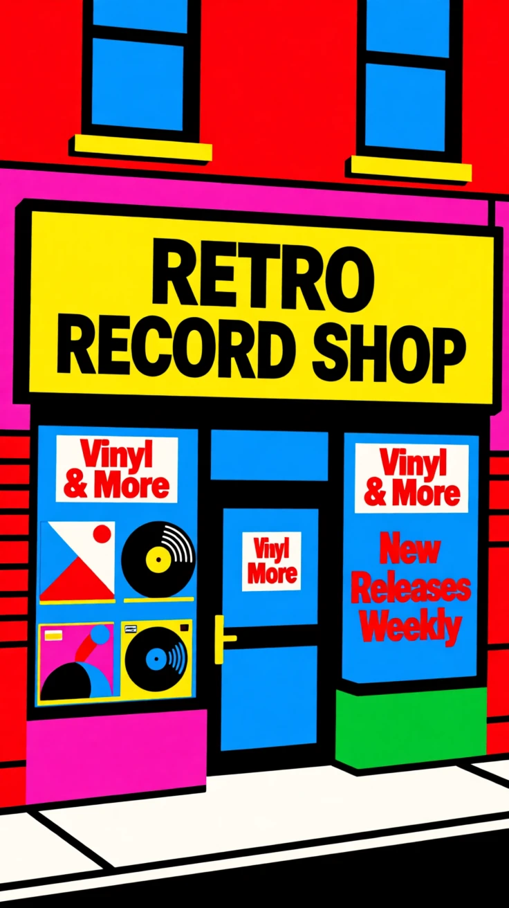 Retro record shop with colorful album covers
