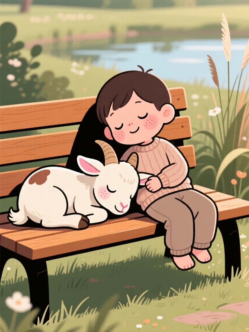 A baby goat curls up beside a sleeping toddler on a garden bench, both worn out after an afternoon of playing fetch by the pond.