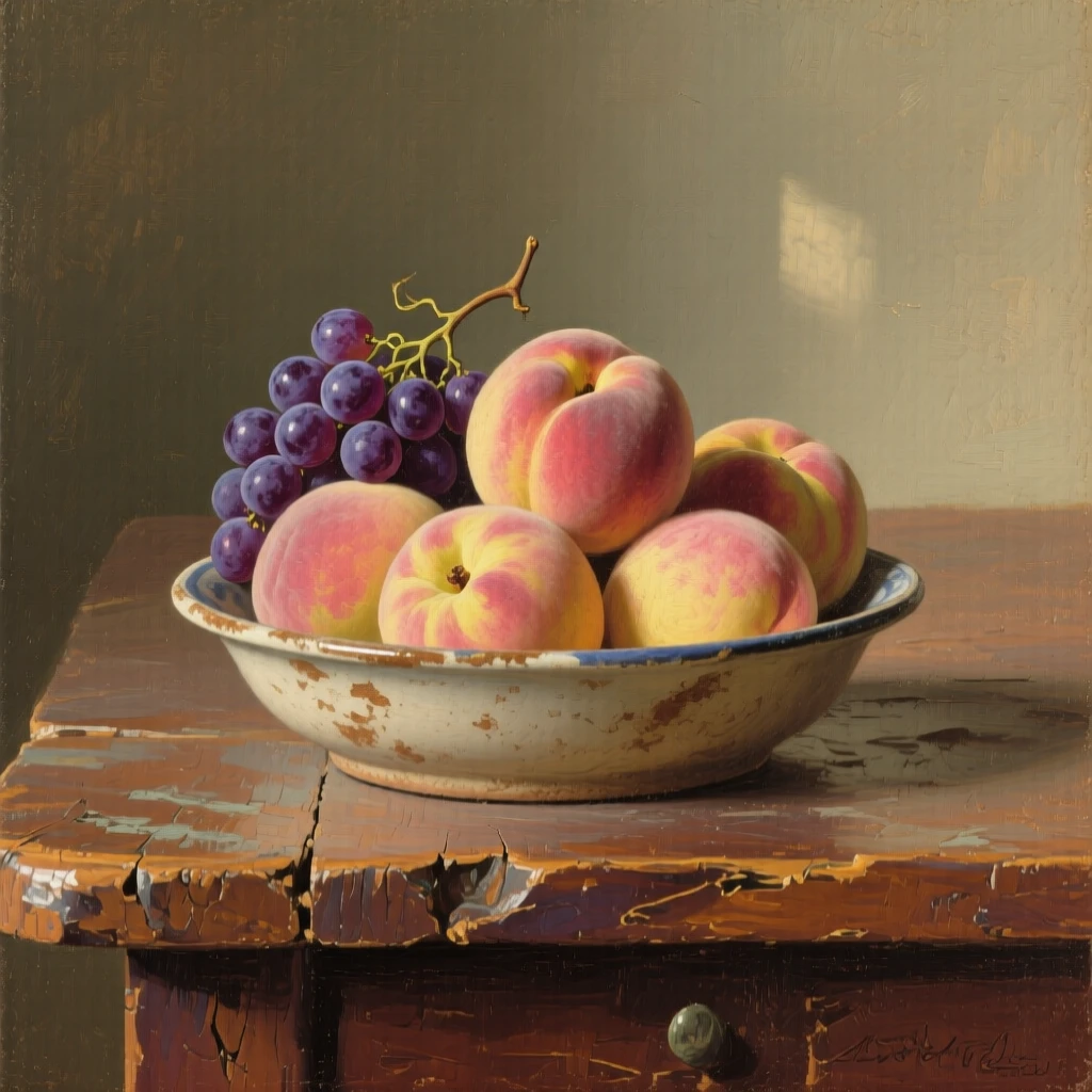 A detailed close shot of a bowl of ripe peaches and grapes on a wooden table, at midday.