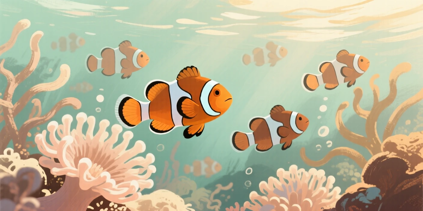 A school of clownfish darting among sea anemones