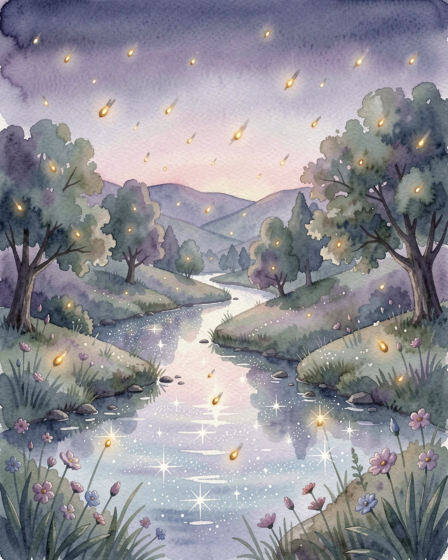 A river of stars flowing through a mystical valley with glowing fireflies drifting through the air.