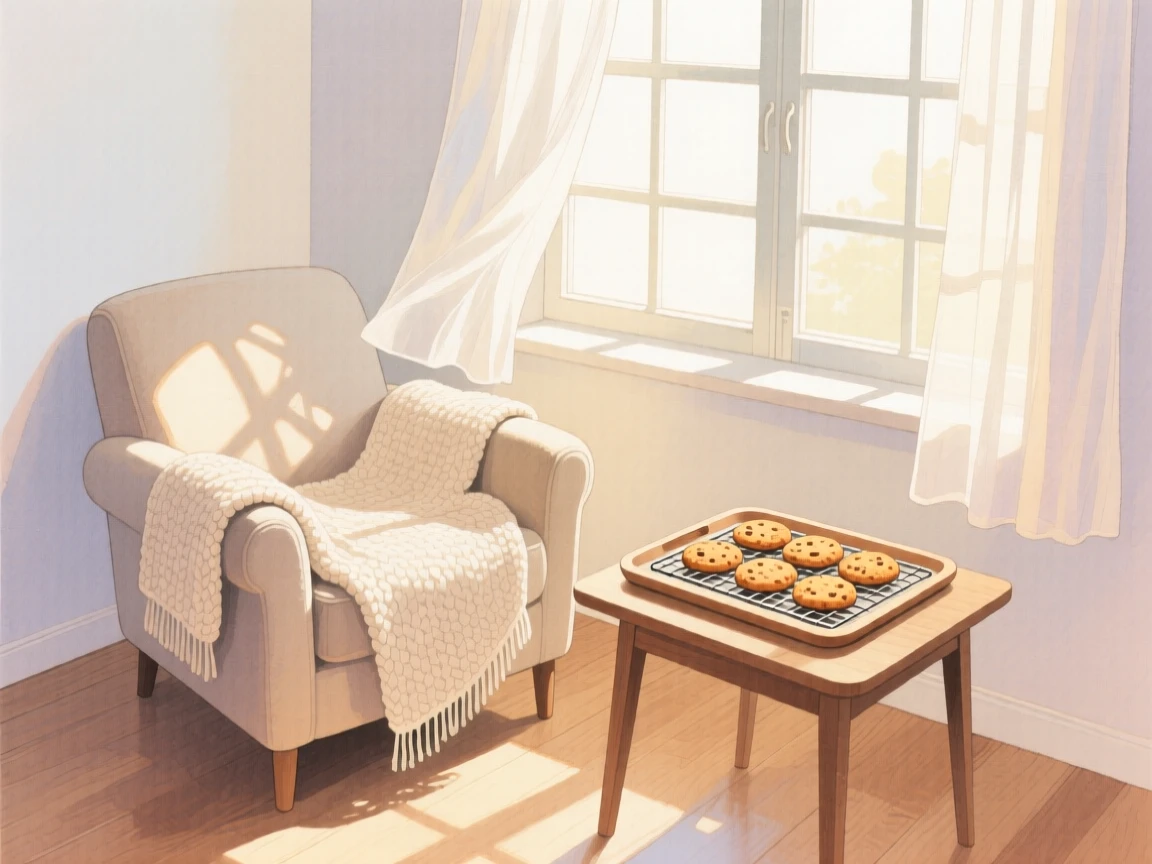 A charming view of a window reading corner, with warm sunlight spilling across the floor, featuring a tray of cookies cooling on a rack