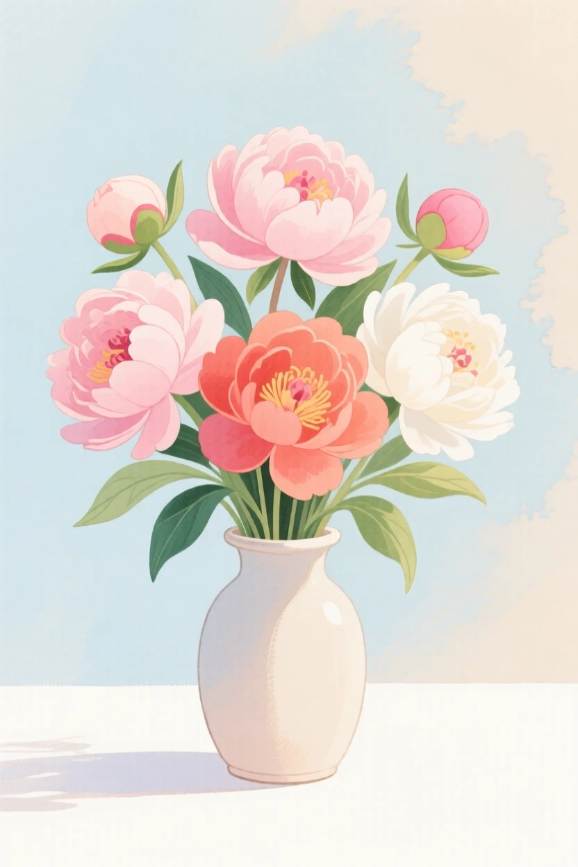 A gentle still-life scene featuring a bouquet of peonies in full bloom.