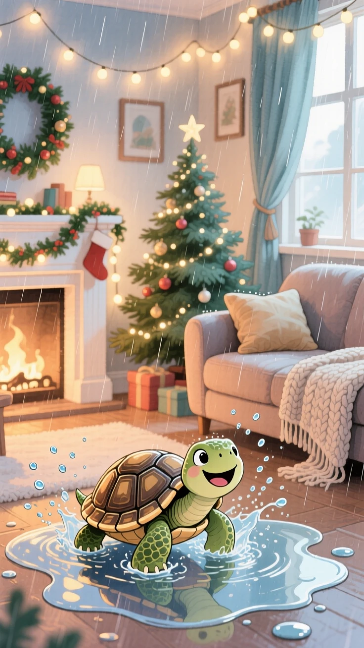 A tiny turtle splashing happily in a puddle after rain, set in a snug living room decorated for the holidays, radiating pure innocent joy.