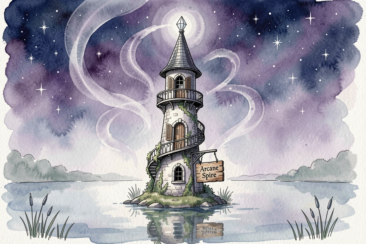 A wizard's tower rising from a misty lake under a sky full of stars, swirling light and mist adding a dreamlike quality.