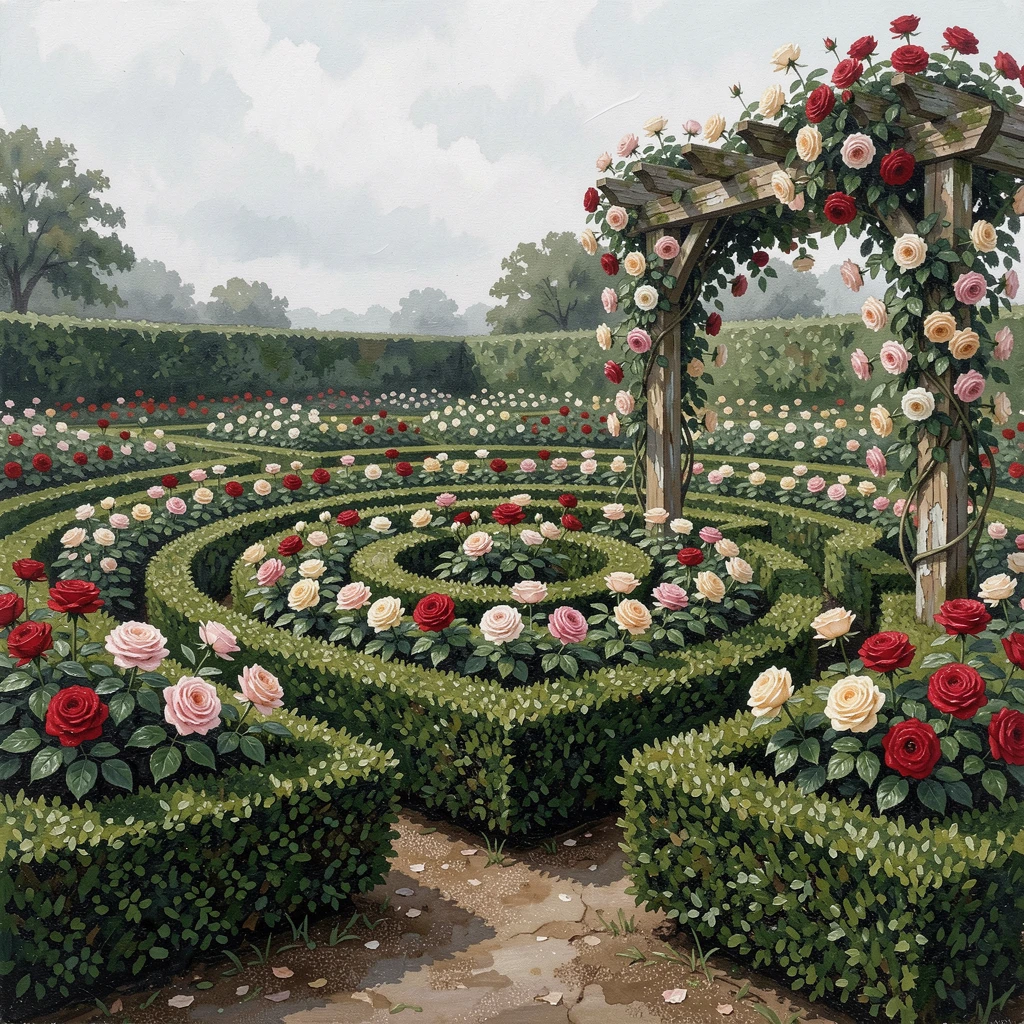 A rose garden arranged in concentric circles, surrounded by a low boxwood hedge maze, climbing roses spilling over an old wooden trellis, on a soft, overcast afternoon perfect for wandering.