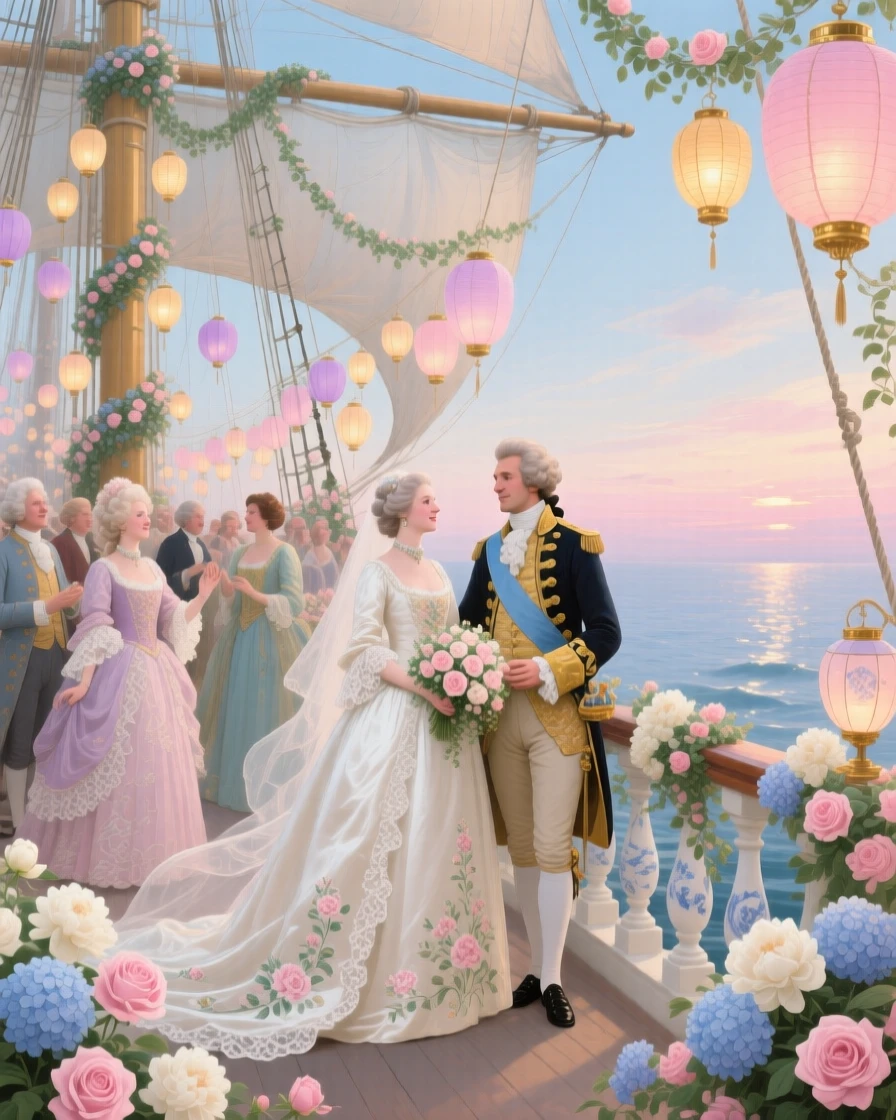 A royal wedding celebrated aboard a ship covered in flowers and lanterns  