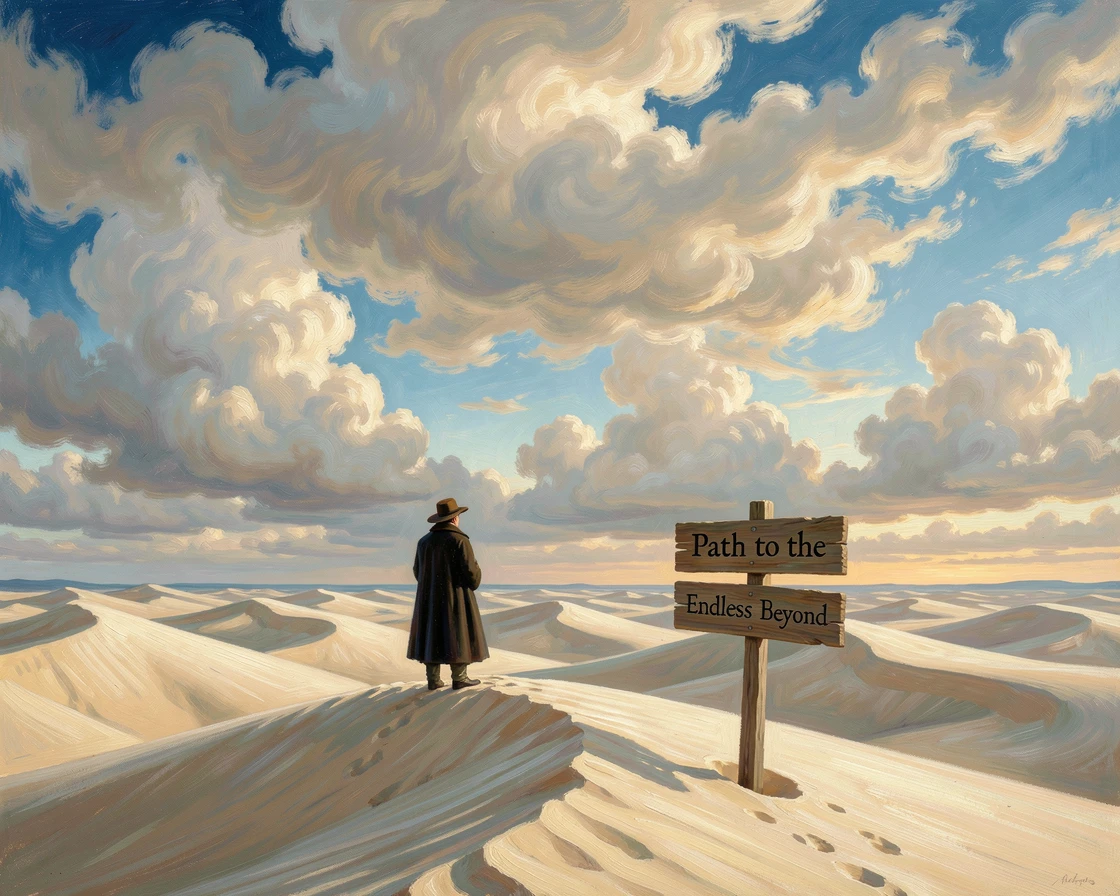Undulating dunes of pale sand under a vast sky, with a solitary traveler pausing to take in the view.
